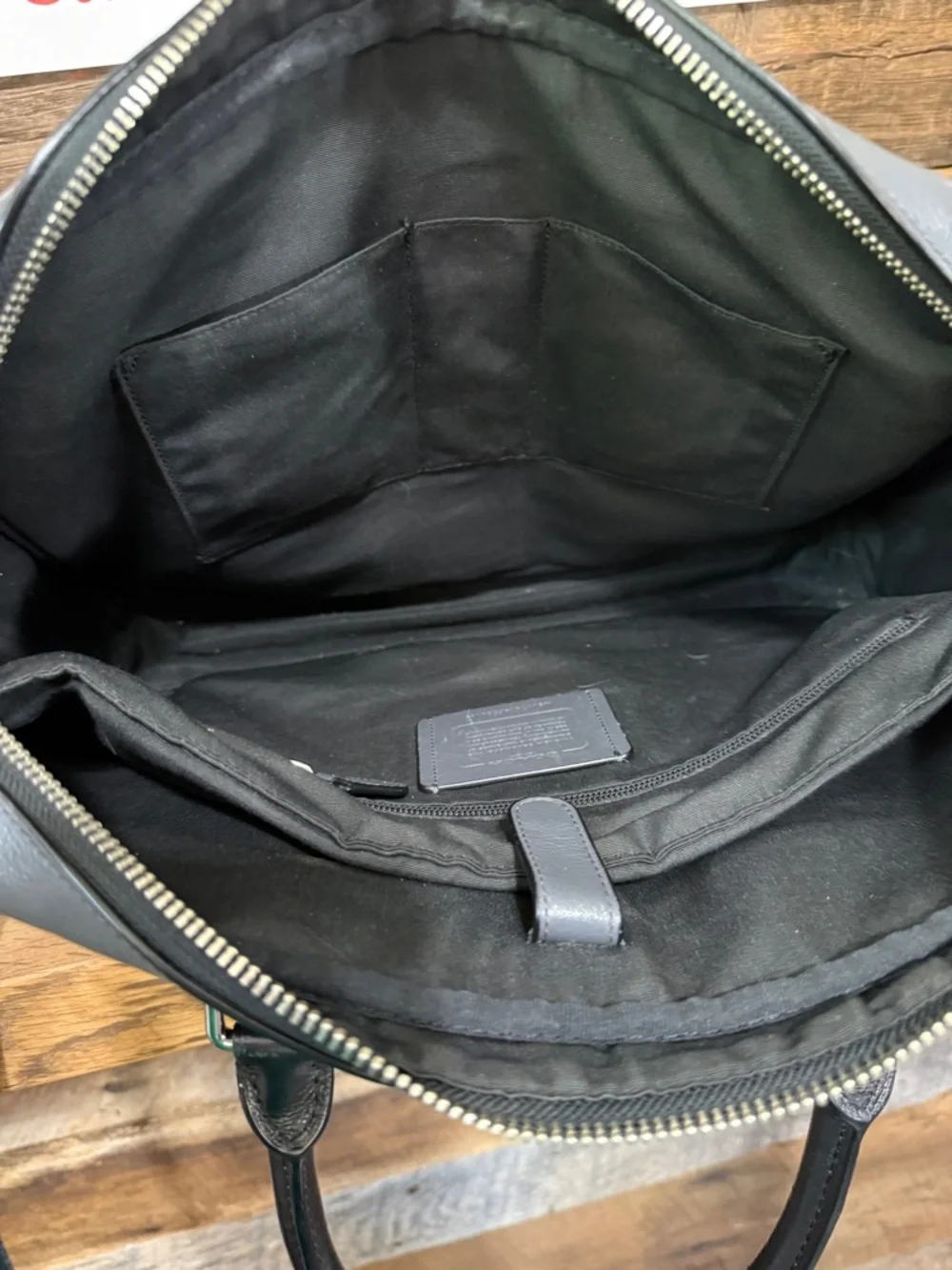 Coach Gray Leather Brief Bag with Blue Trim